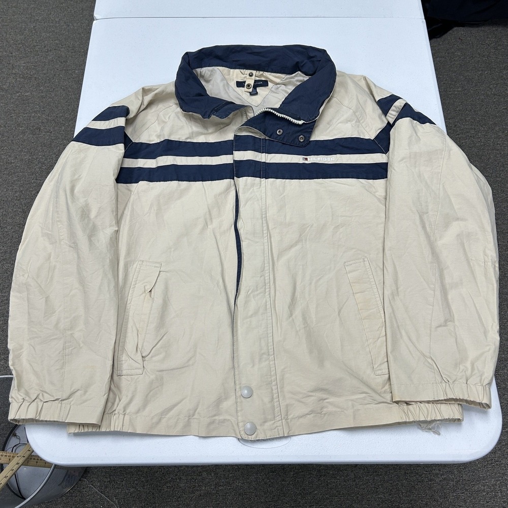 Tommy Hilfiger Windbreaker Jacket Mens XXL Cream Navy Blue Striped Full Zip